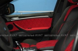 Перетяжка салона BMW X6 кожей и алькантарой с отстрочкой ромбом